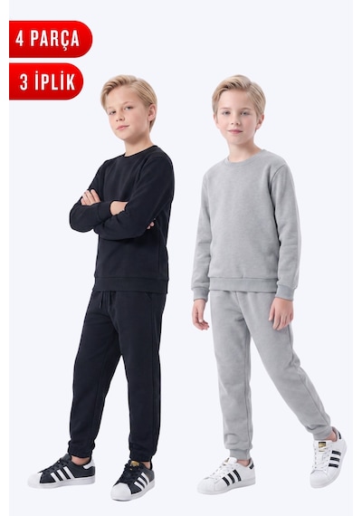 Fyk Kids 3 İplik Düz Erkek Çocuk Çift Cepli Bisiklet Yaka 2'li Eşofman Takımı Siyah-gri
