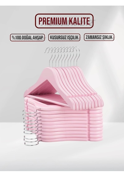 Pembe Ahşap Bebek Elbise Pantolon Askısı 10 Adet Pembe