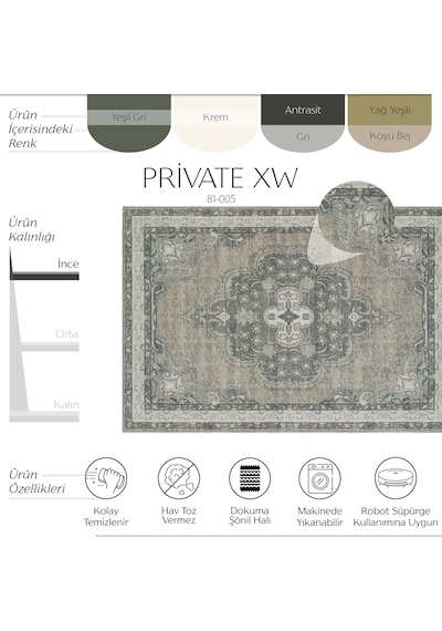 Cool Halı Private Xw Yeşil Gri Vintage Halı Klasik Modern Yıkanabilir Şönil Eskitme Salon Halısı