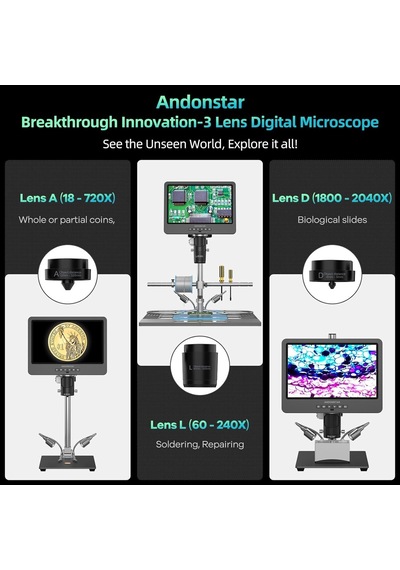 Andonstar Ad249s-m Plus 3 Lens Plus Stand Profesyonel Dijital Mikroskop