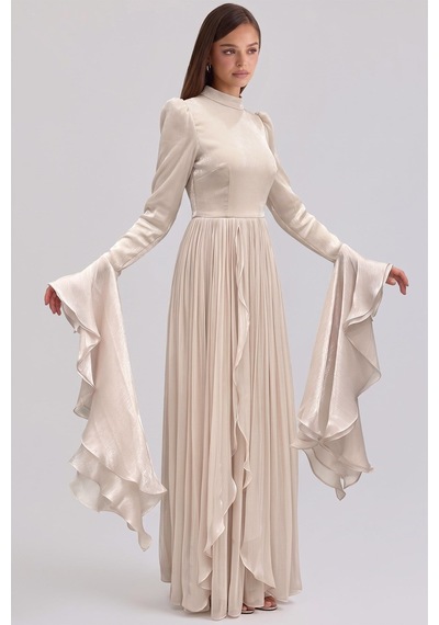 Olcay Çıkabilir Şal Detaylı Kolları Fırfırlı Yoryo İpek Tesettür Abiye Elbise Açık Taş 1245 Olcay Çıkabilir Şal Detaylı Kolları Fırfırlı Yoryo İpek Tesettür Abiye Elbise Açık Taş 1245