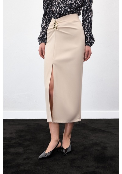 Sateen Gold Yan Aksesuarlı Etek - Bej-136885 Bej