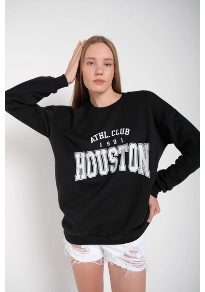 Startmore Kadın Gri Houston Baskılı Bisiklet Yaka Oversize Sweatshirt Mdgnhouston Siyah