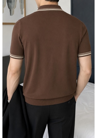 Tarz Cool Erkek Fermuar Yaka Triko Polo Tişört Slim Fit Pamuklu Yazlık Triko Kahverengi