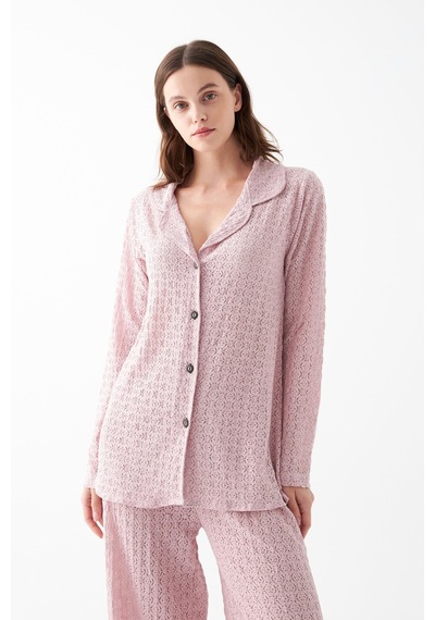 Akbeniz Kadın Pembe Önden Düğmeli Rahat Kesim Pijama Takımı