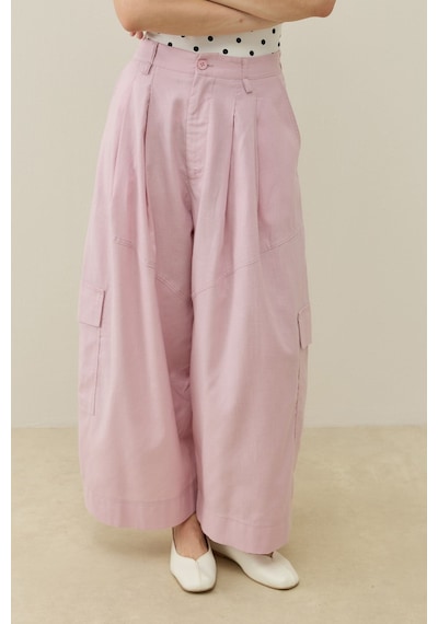 Molene Pembe Kargo Cepli Crop Keten Pantolon