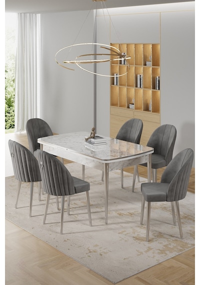 Canisa Rada Serisi 80x132 Açılabilir Lak Panel Beyaz Mermer Desen Masa 6 Gri Sandalye Krom Detay Masa Beyaz Mermer Desen Sandalye Gri Canisa Rada Serisi 80x132 Açılabilir Lak Panel Beyaz Mermer Desen Masa 6 Gri Sandalye Krom Detay Masa Beyaz Mermer Desen Sandalye Gri