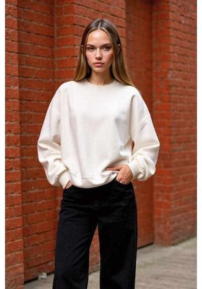 Defacto Oversize Geniş Kalıp Bisiklet Yaka Basic Düz Kalın Sweatshirt D9022axns Beyaz