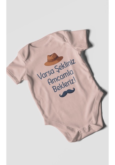 Morivokids Varsa Şekliniz Amcamla Bekleriz Kısa Kollu Bebek Body %100 Pamuk Pastel Pembe