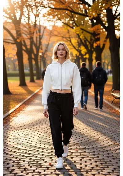Benerly Kadın Kapüşonlu Düşük Kol Fermuarlı Örme Sweatshirt Fonksiyonel D Ekru