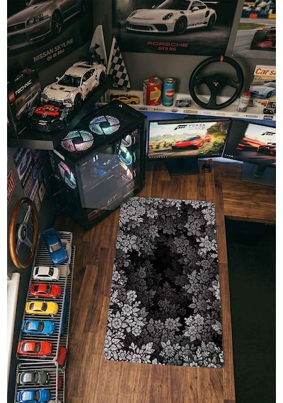 Siyah Beyaz Çiçekli Hayvan Silüeti 40x90 Cm Oyuncu Mousepad Kaymaz Taban Büyük Boy Mousepad