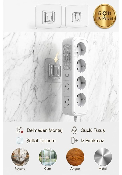 Şeffaf Yapışkanlı Duvar Askı Aparatı 5 Çift 10 Parça Delmeden Montaj Güçlü Tutuşlu Çok Amaçlı Yapışt Diğer