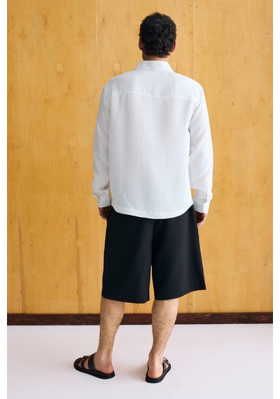 Grımelange Aıro Erkek Yumuşak Ve İnce Modal Kumaşlı Düğmeli Rahat Kalıp Ekru Çizgili Gömlek