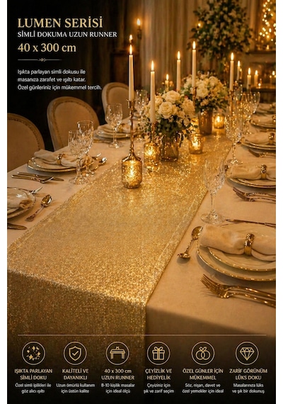 Lumen Serisi Silver 40x300 Cm Simli Dokuma Uzun Runner Modern Lüks Masa Örtüsü 8-10 Kişilik Altın