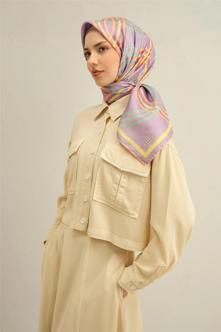 Armine Klasik Desenli Saf İpek Twill Eşarp 9333d 51 Mor
