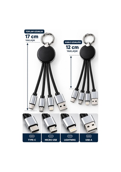 4 Başlıklı Anahtarlık Şarj Kablosu Usb Type-c Lightning Micro Usb Çoklu Şarj Kablosu