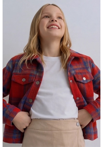 Esila Kids Kız Çocuk Kaşe Ceket Ekose Oduncu Gömlek Bordo