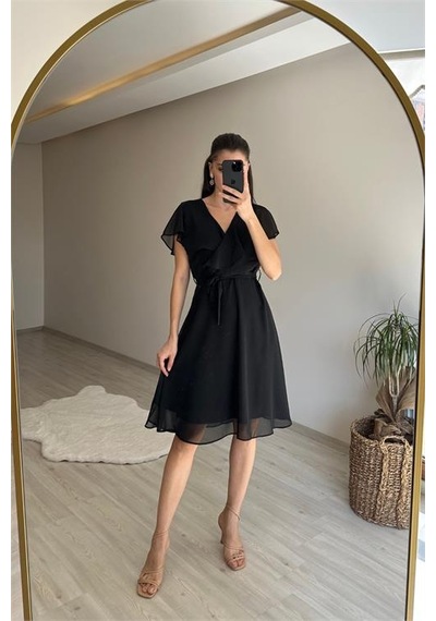 Neşeli Butik Kadın V Yaka Kuşaklı Mini Şifon Elbise Nm007 Siyah