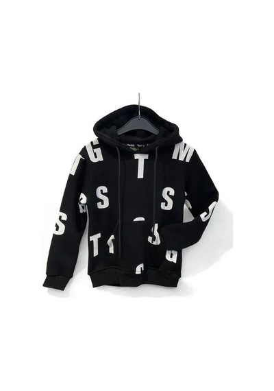 Ekkokids Çocuk Harf Baskılı Şardonlu Kapuşonlu Sweatshirt-15195 Siyah