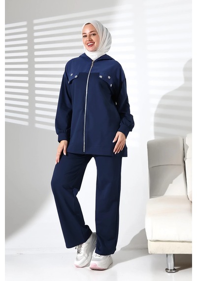 Mihran Butik Kadın Mevsimlik Alt Ve Üst Rahat Lacivert Spor Tesettür Takım Lacivert
