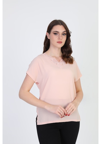 Ella Camelia Kadın Yakası Dantel Detaylı Bluz 20E020 Pudra