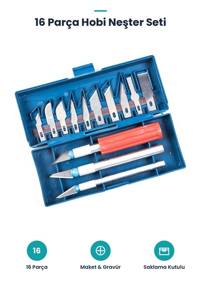 16 Parça Hobi Bıçağı Seti - 13 Maket Bıçağı Ucu - Gravür Seti