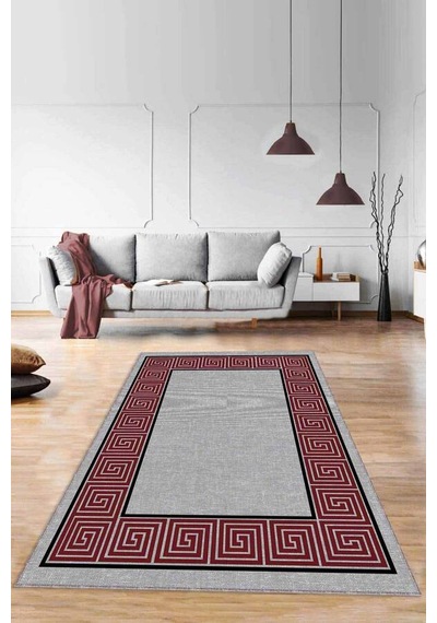 Bordo Çerçeveli Kaymaz Taban Makinede Yıkanabilir Halı Rv046n11