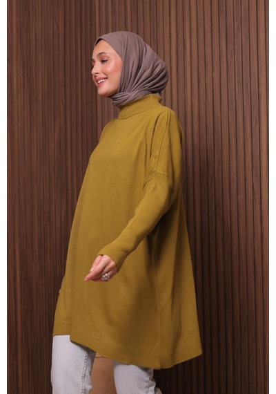 Balenbi Kadın Dik Yaka Basic 80cm Salaş Oversize Triko Tunik 1145 Hardal