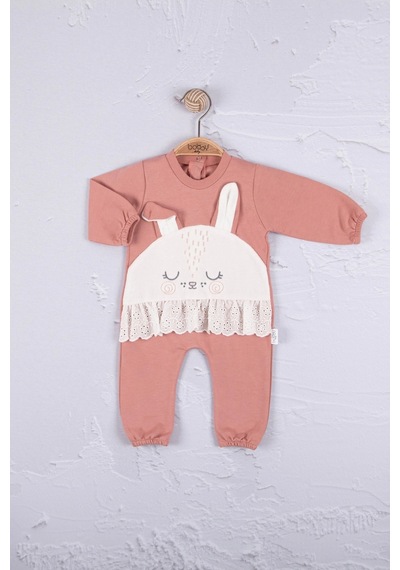 Babydonat Tavşan Nakışlı Güpürlü % 100 Pamuk Kız Bebek Tulumummmmm Pembe