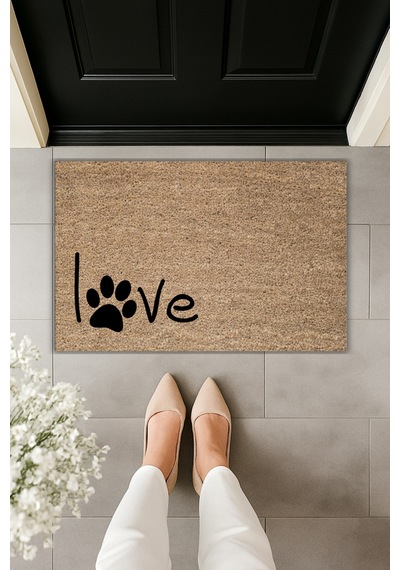 Rugmood Modern Dijital Baskı Paspas - Patili Love - Kapı Önü Paspası 70x45cm Kahverengi