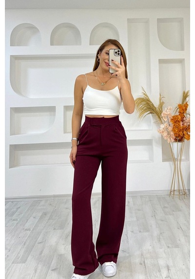 İrka Moda Irka Moda Bel Lastikli Cırtlı Palazzo Kırmızı Pantolon Kırmızı
