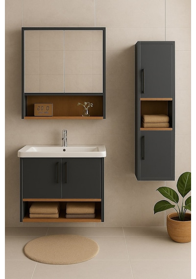 Dmz Home Concept Legna 80 Cm Antrasit-ahşap Renkli, Tamamı MDF, Seramik Lavabolu, Alt - Üst Ve Boy Dolaplı Tamamı Mdf, Banyo Dolabı Seti Dmz Home Concept Legna 80 Cm Antrasit-ahşap Renkli, Tamamı MDF, Seramik Lavabolu, Alt - Üst Ve Boy Dolaplı Tamamı Mdf, Banyo Dolabı Seti