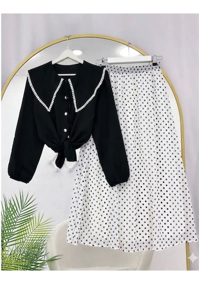 Lovie Moda Kadın Fisto Gömlek Benek Desenli Etekli Takım Beyaz