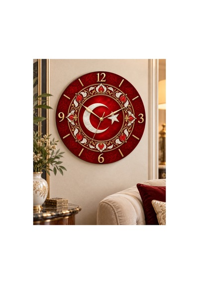 Türk Bayraklı Ay Yıldız Desenli 45 Cm Ahşap Sessiz Akar Mekanizmalı Uv Baskılı Dekoratif Duvar Saati Hediyelik 1076 Çok Renkli