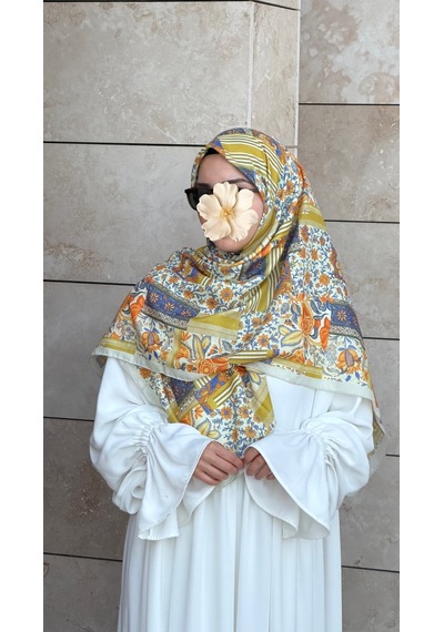 Qalortex Scarf Pamuklu Piraye Desen Eşarp - Tereyağ Sarısı