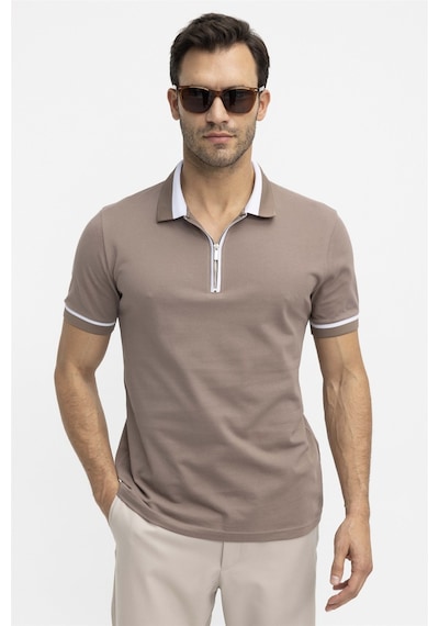 Tudors Erkek Polo Yaka Slim Fit Pamuk Fermuarlı Pike Tişört-27083-Kahve Kahverengi