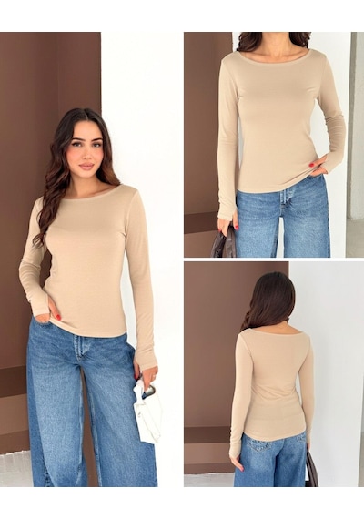 Elaxi Kadın Kayık Yaka Parmak Geçmeli Uzun Kollu Full Likralı Pamuk Viskon Buzzy Body Tişort Bej Elaxi Kadın Kayık Yaka Parmak Geçmeli Uzun Kollu Full Likralı Pamuk Viskon Buzzy Body Tişort Bej