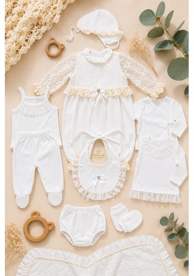 Babyhola Premium Kalite Dantel Detaylı Yenidoğan Kız Bebek Kutulu Hediyelik Hastane Çıkışı 10lu Set 15492 Ekru