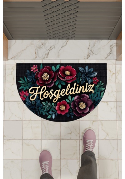 Rugmood Modern Dijital Paspas Kırmızı Çiçek Hoşgeldiniz Kapı Önü Paspası Çok Renkli