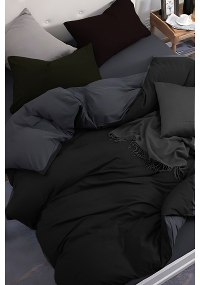 Çift Kişilik Nevresim Takımı Lastikli Çarşaflı Darkgrey Siyah Antrasit
