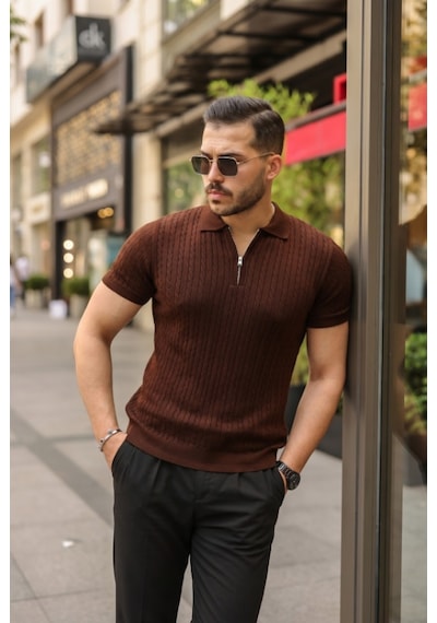 Efnaz Style Erkek Örgü Desen Fermuar Yakalı Triko Tişört Kahverengi