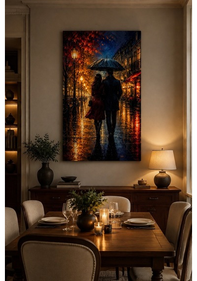Yağmurlu Sokak Aşkı Baskılı Cam Tablo Romantik Duvar Dekoru