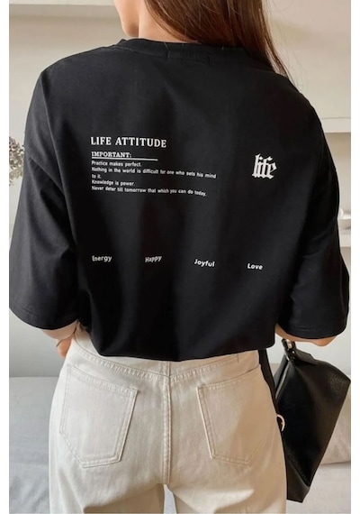Unisex Life Baskılı T-shirt Siyah
