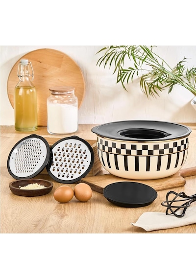 Prime Cream 5 Parça Rendeli Saklama Ve Karıştırma Kabı 24 Cm Ve Emaye Sosluk Sütlük 14 Cm Krem