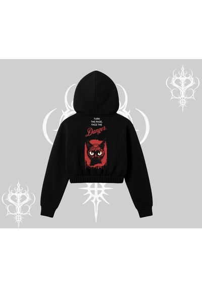 Startmore Gotik Kedi Arka Baskılı Kapşonlu Crop Sweatshirt Siyah