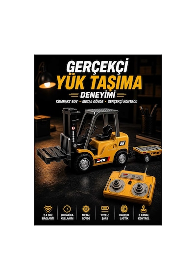 Uzaktan Kumandalı Şarjlı Mini Forklift 1:64 Die-cast Metal - Römorklu Çatallı Kancalı Tam Set 11 Cm Çok Renkli
