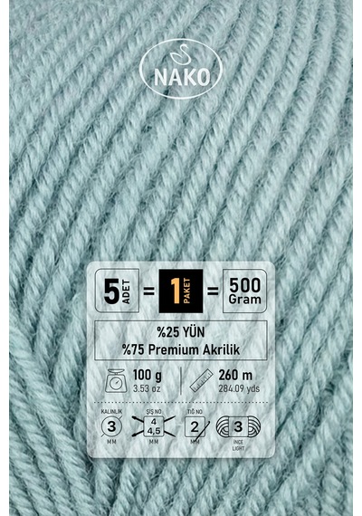 Süper İnci - 2524 Mint - 5'li Paket - 100gr/260m - El Örgü İpi - Atkı Yelek Kazak İpi