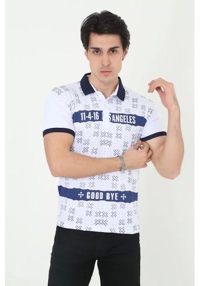 Erkek Yakalı Slim Fit Baskılı T-shirt - Beyaz Beyaz