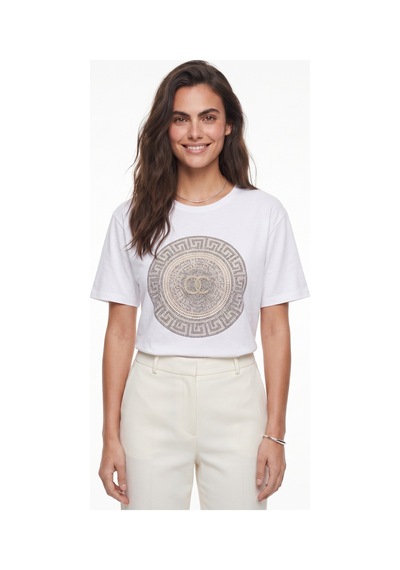 Onloox Kadın Beyaz Beyaz Pamuklu Bisiklet Yaka Basic Form Önü Taş Detaylı Kısa Kollu Penye T-shirt