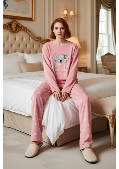 Ersefa Kız Çocuk Puantiyeli Polar Pijama Sevimli Koala Baskılı Fonksiyon Gül kurusu